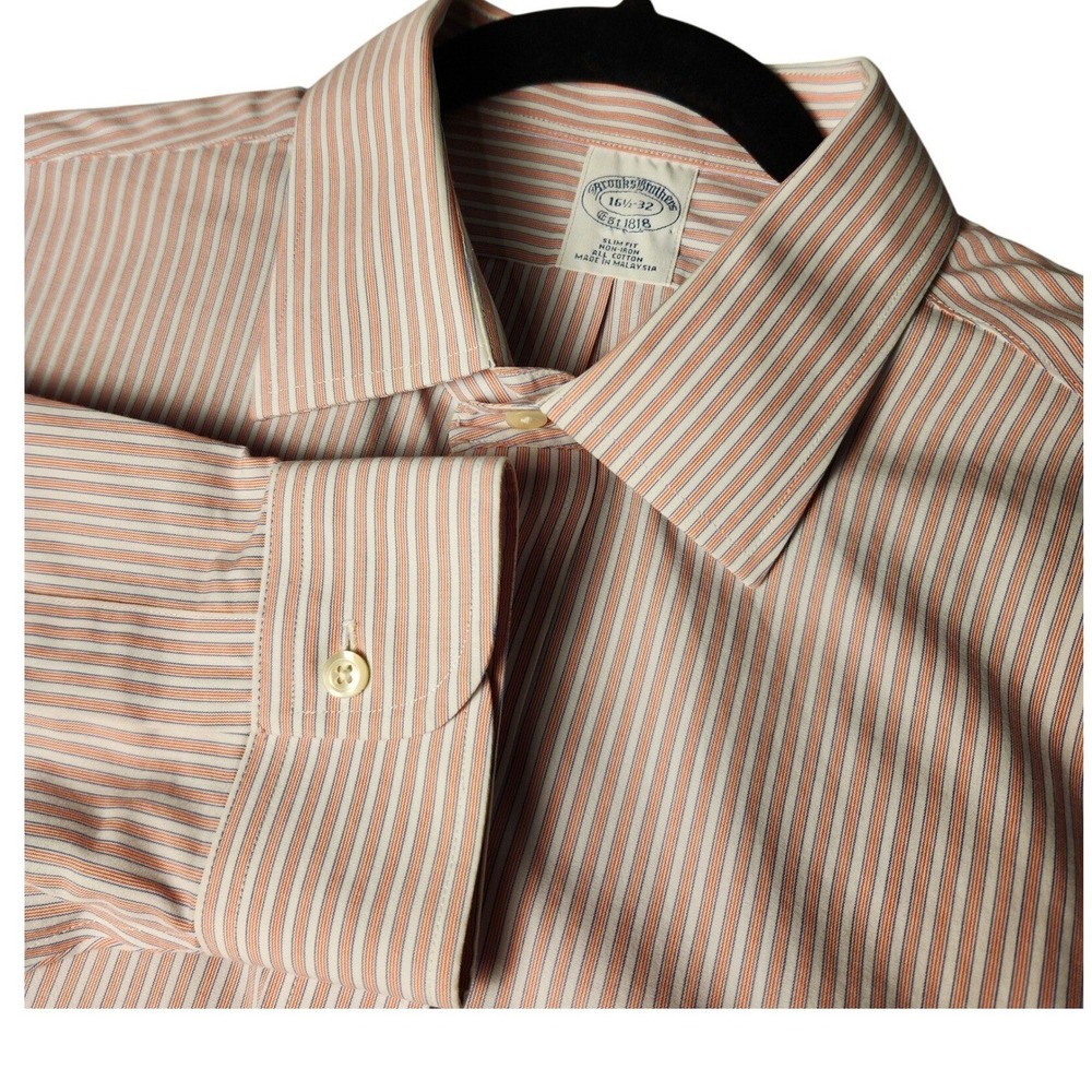 Brooks Brothers Dress Shirt Mens 16.5 32 Orange Blue Striped Slim Fit Non-Iron
